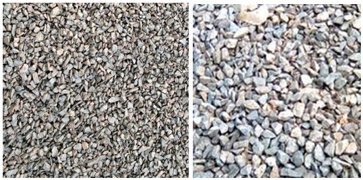 碎石針片狀超標(biāo)對比，左圖為針片狀超標(biāo)